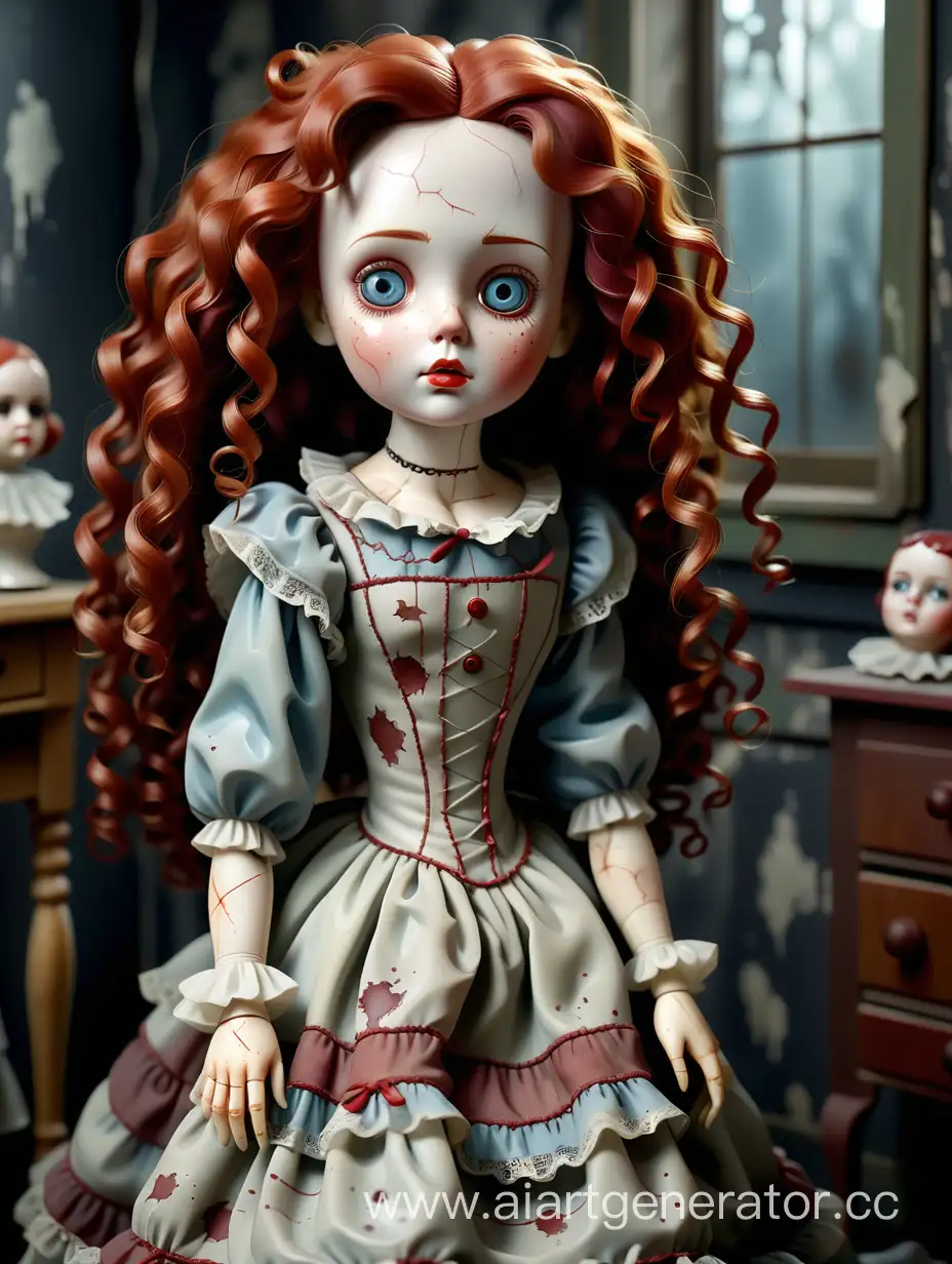 Для мобильной игры старинная дорогая фарфоровая кукла в полный рост. в мрачном жутковатом стиле. в платье с рыжими кудрявыми волосами. с трещинами, нуждается в реставрации