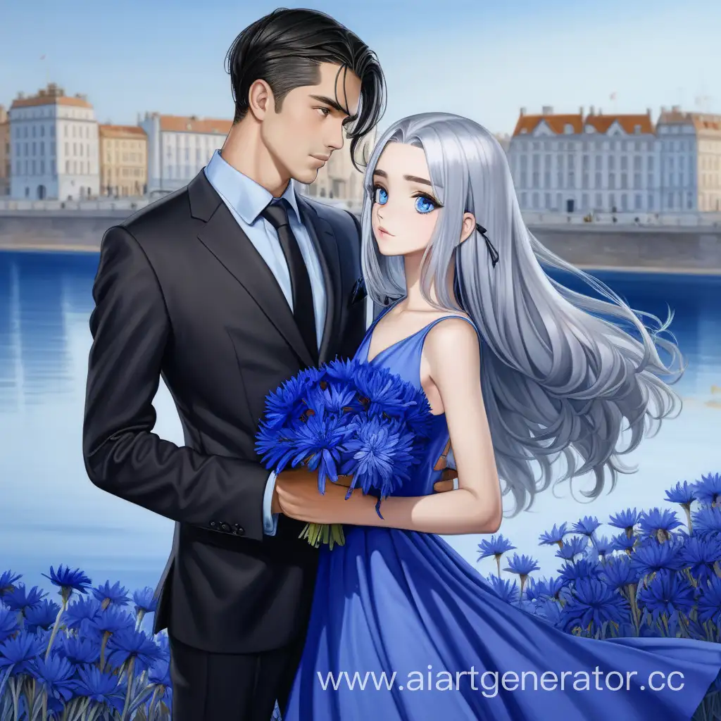 Elegant-Couple-with-Cornflower-Bouquet-on-Riverside-Promenade