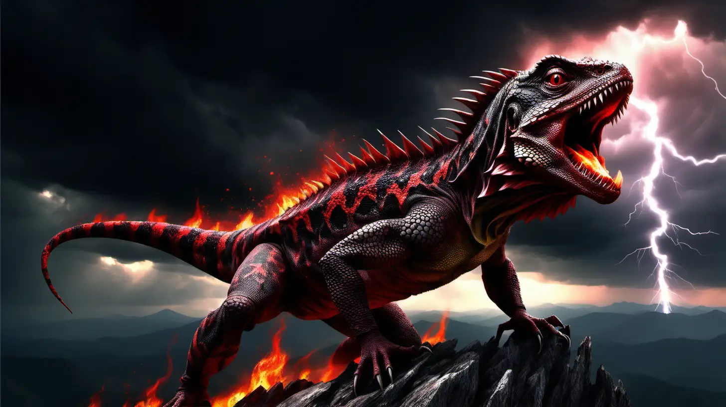 A lizard monster, black and red skin, fire coming out of it's mouth, on a mountain top, surrounded dark cloudy sky, lightning, extreme detailed digital art, dramatic lighting 