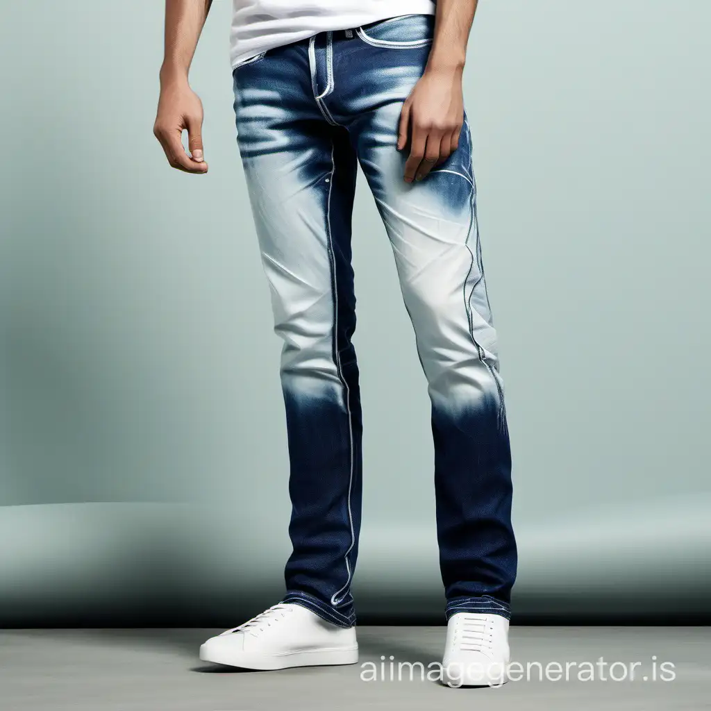 Create an image of a man wearing  combined Dark & light Blue  denim jeans with  Ice  washed Trendy & with a few small bleach wash spot with contrast stitching.