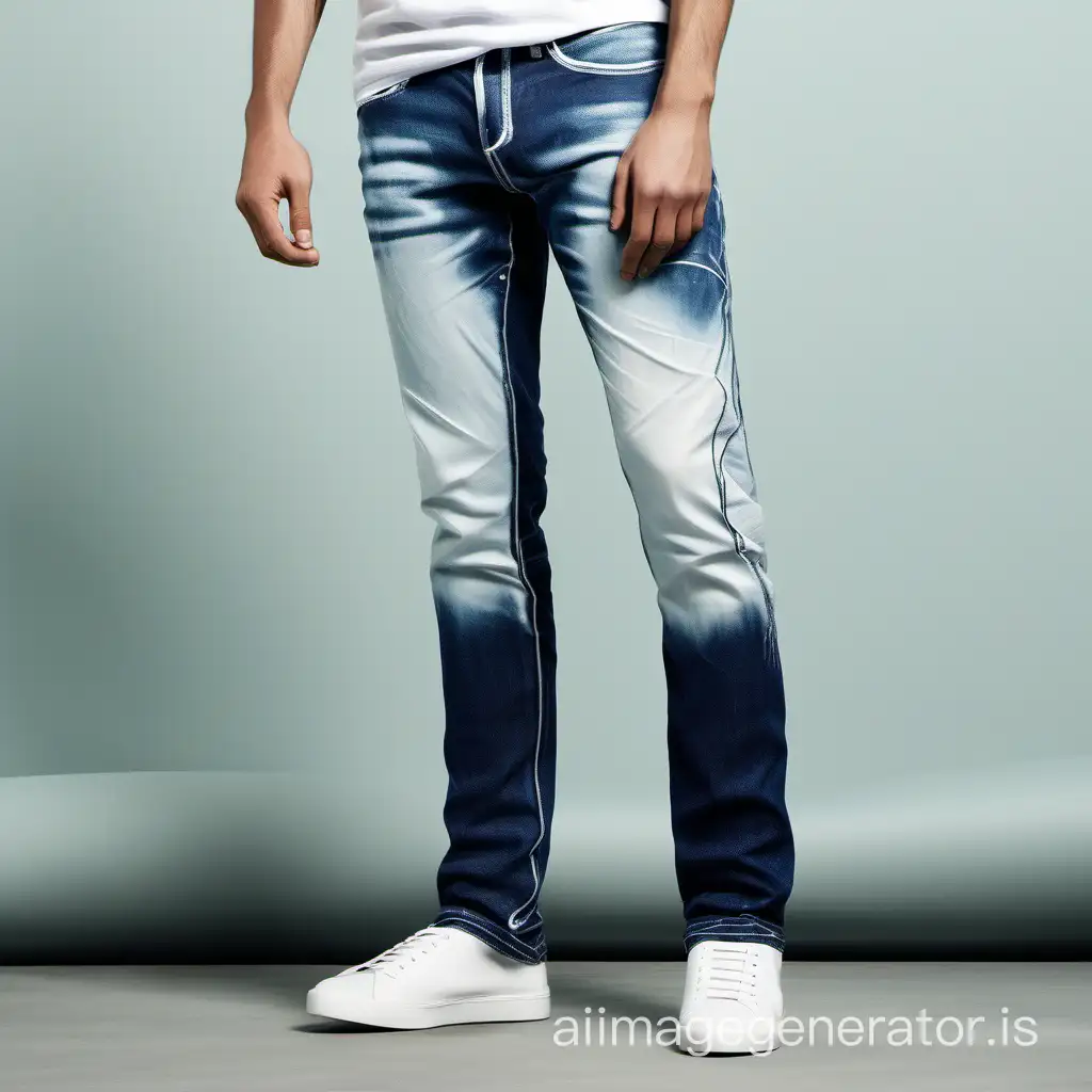 Create an image of a man wearing  combined Dark & light Blue  denim jeans with  Ice  washed Trendy & with a few small bleach wash spot with contrast stitching.
