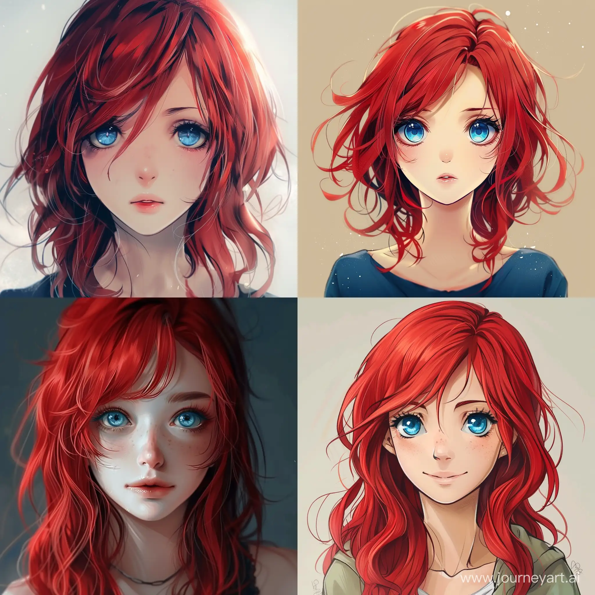 Девочка в стиле аниме с красными волосами и голубыми глазами