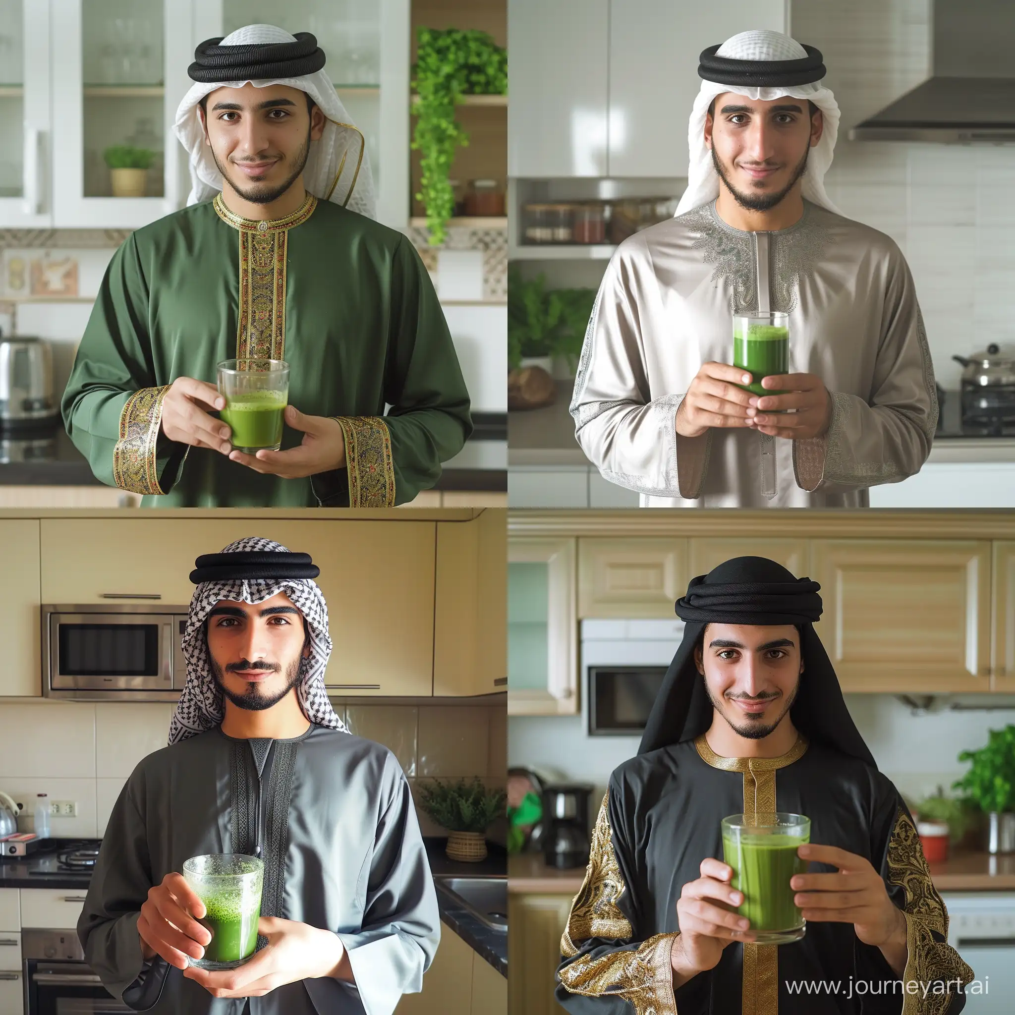 Real and natural photo of young man in Arabic dress holding a glass of green matcha tea. The glass of matcha tea should be clear. The space around him is the kitchen. Full details of matcha tea cup and man's face, clothes and hands. Natural lighting.