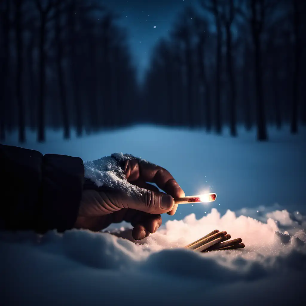 limited light from a match in complete darkness, male hand, snow night scenery