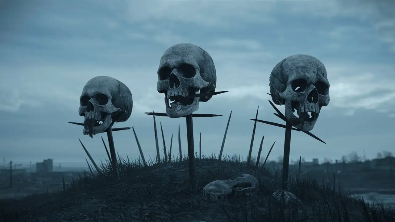 the last of us, three old human skulls on a spikes at the top of an hill
