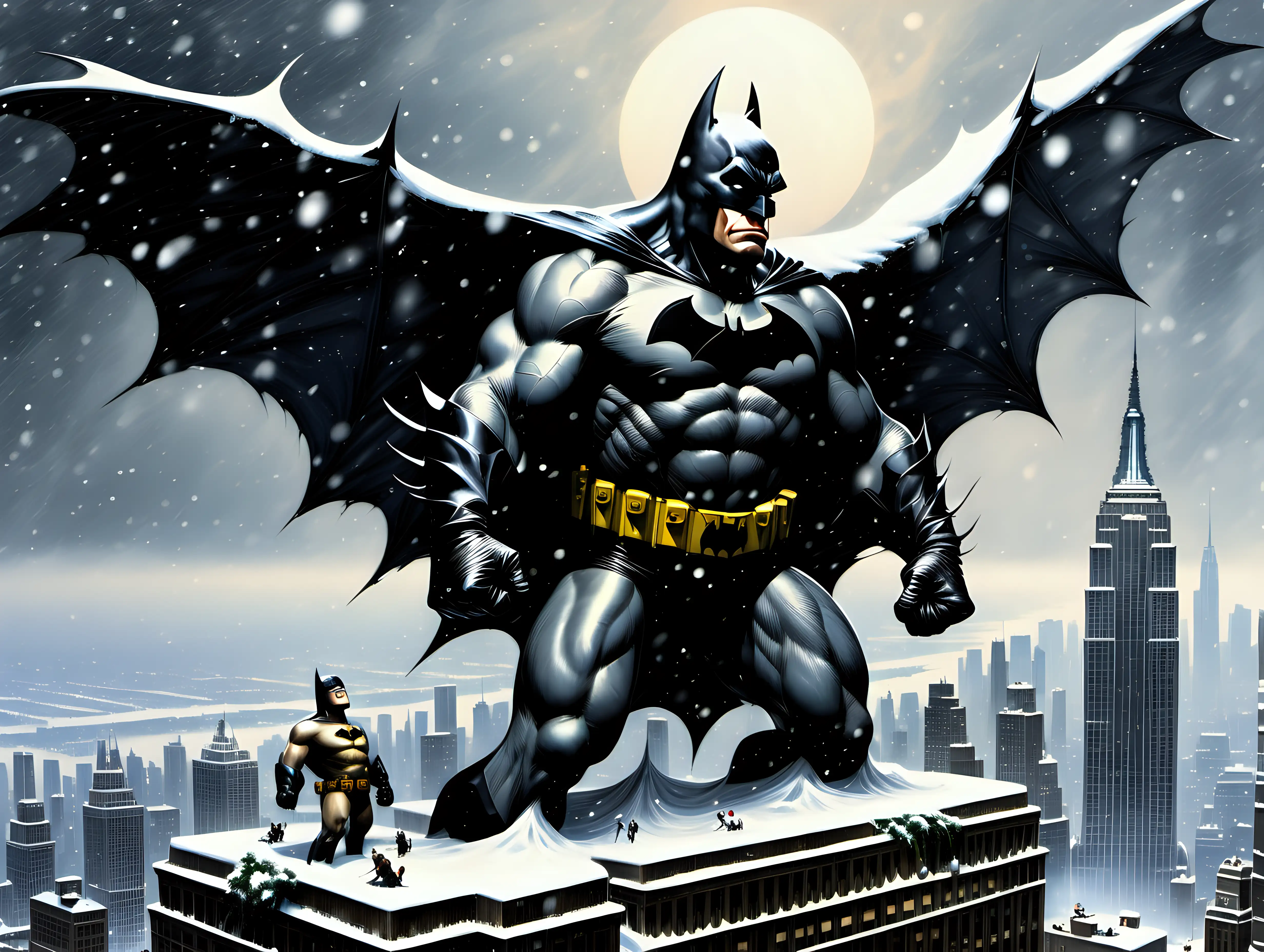 Batman and King Kong on the top of Empire State building in a snow storm Frank Frazetta style