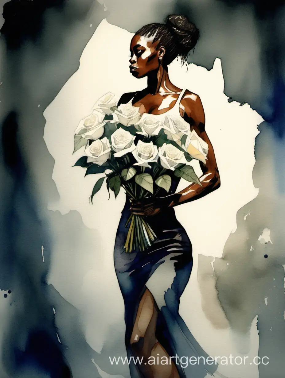 A full-length young African woman with a narrow waist, wide hips and muscular buttocks with a bouquet of white roses in a very dark room, watercolor painting style