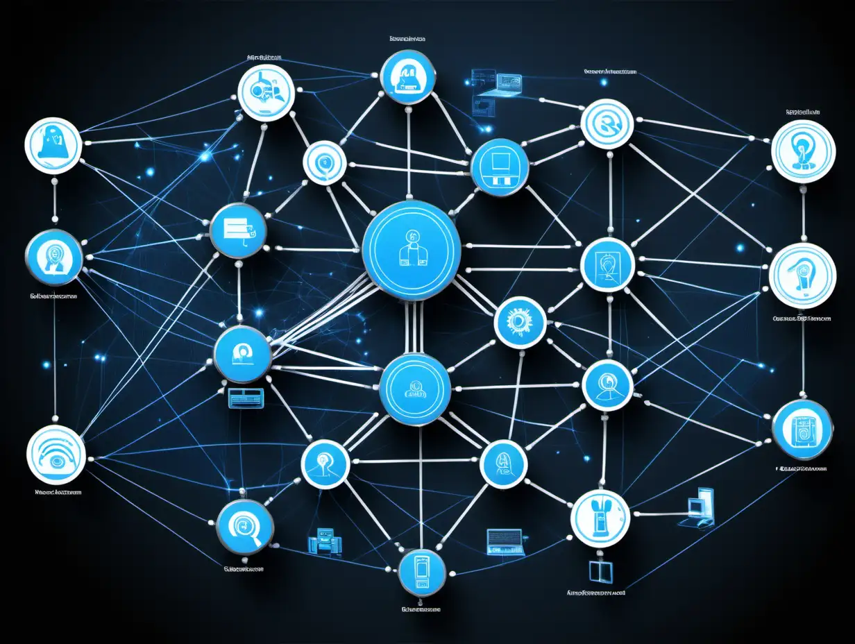 high-tech system main page using blue, black, silver showing connections to other systems