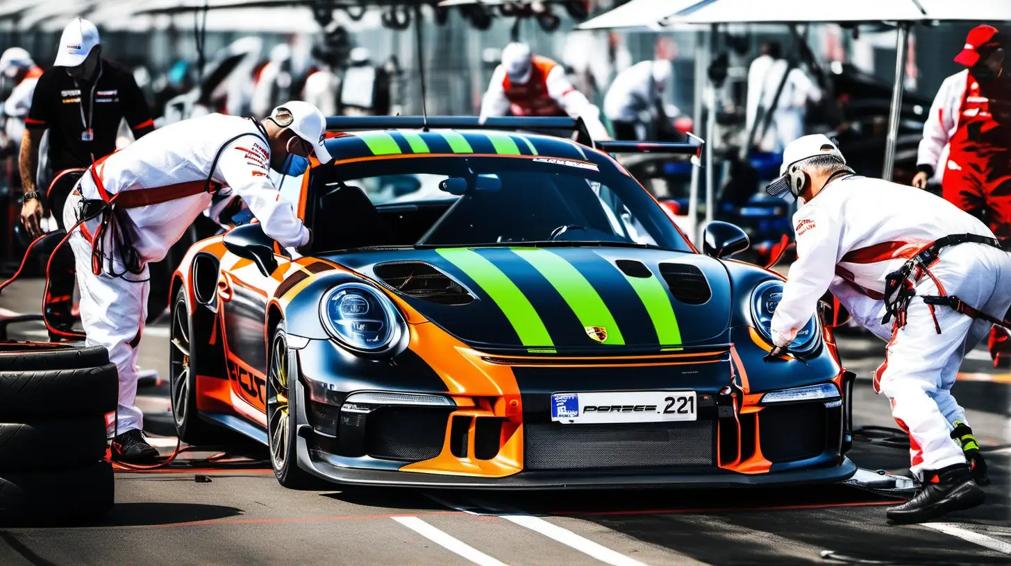 Mechanics Changing Wheels on Porsche 911 GT3 RS at MagnyCours Pit Lane