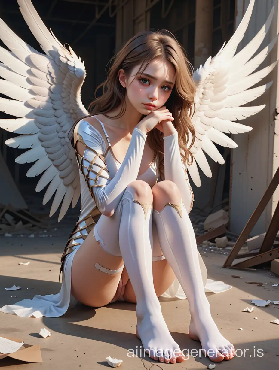 Angel, long sleeved legs, sad expression, broken white wings, divine light, detailed facial appearance, beautiful eyes, fingers and legs, beautiful foot details, delicate skin texture, surreal, telephoto lens, Genshin Impact, Delight, Pop Art Reality, High Resolution, Full Body Shot, 16K, High Resolution, Post-Apocalyptic Wasteland, Sadness