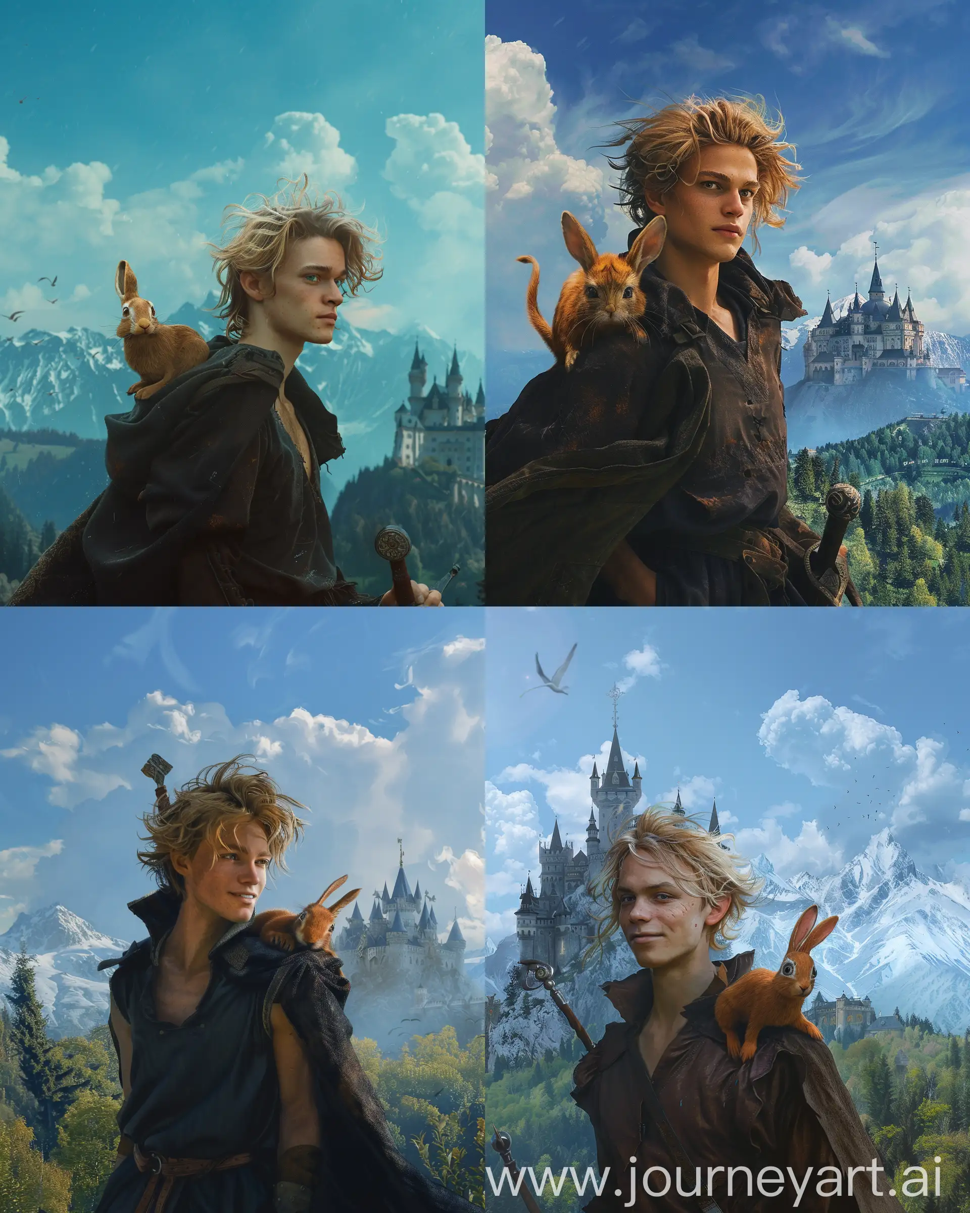 The windy background is probably a little fuzzy.  In the foreground is a young man, looking slightly to the side, a slight smile on his lips. His image is knee-high. 
In the background under the blue sky on one side can be seen the outline of a royal castle with several turrets. On the other side are high mountains with snow-covered peaks, with a dense forest at their foot 
A man in his 20s, with blond disheveled hair below his shoulders, with a pale, refined face, pleasant in appearance. His eyebrows are light, like a true blond. He is dressed in a dark, knee-length camisole of the Middle Ages type. Behind his back is a long cloak with a deep hood. It develops slightly, as if from the wind. In his hands he holds a short sword with a strong hilt and a carved guard. On his shoulder sits an unusual ginger beast the size of a cat. It has long ears like a hare, large eyes, and a snout with a slightly extended nose. The animal also looks in the same direction as the young man, but there is fear in its eyes. The sky above the palace, the mountains and the heroes is pre-thunderstorm, with clouds just gathering and the sun still peeking through, --ar 4:5