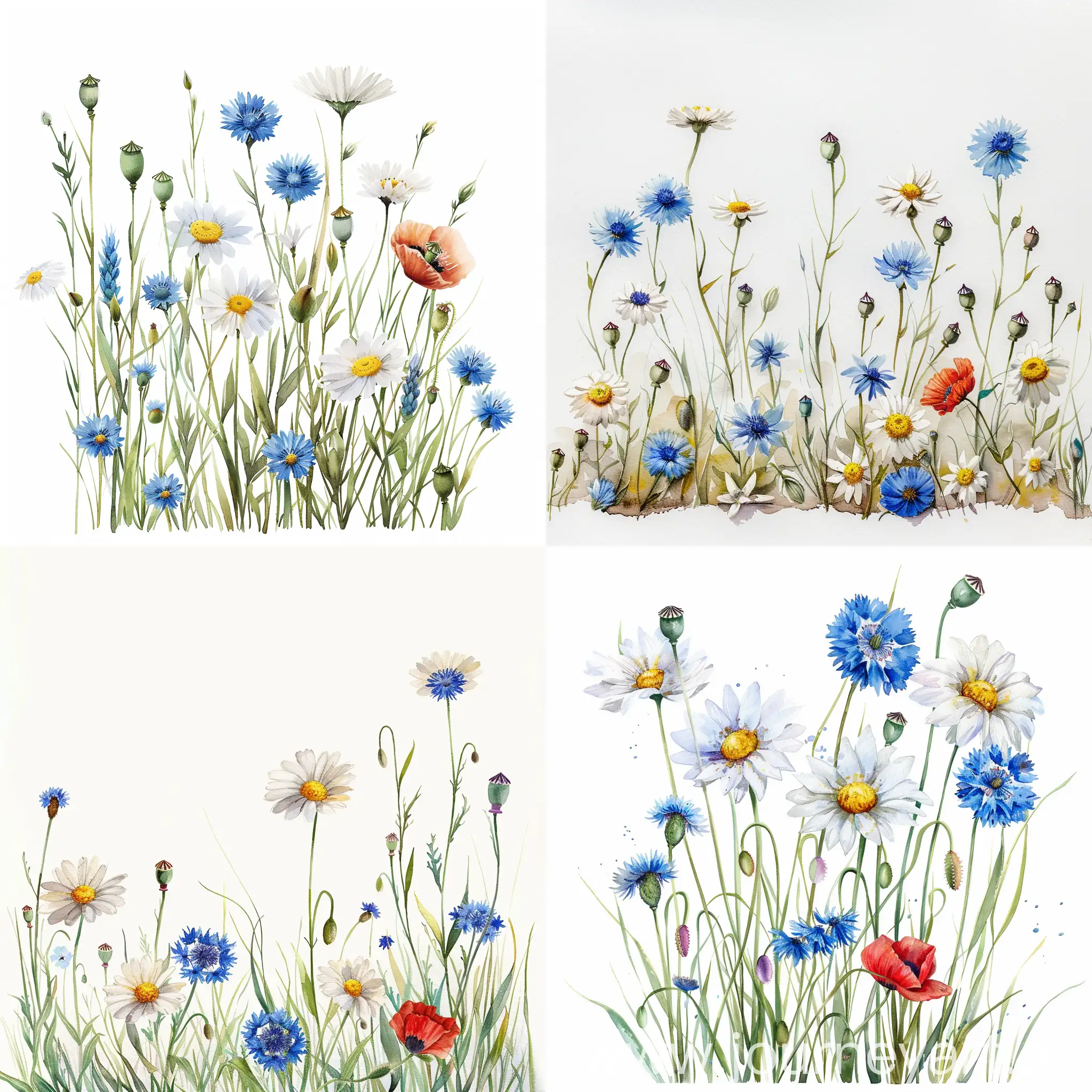 watercolor standing wildflower, daisies, blue cornflowers and poppy, on white background, soft handpainted, detailed