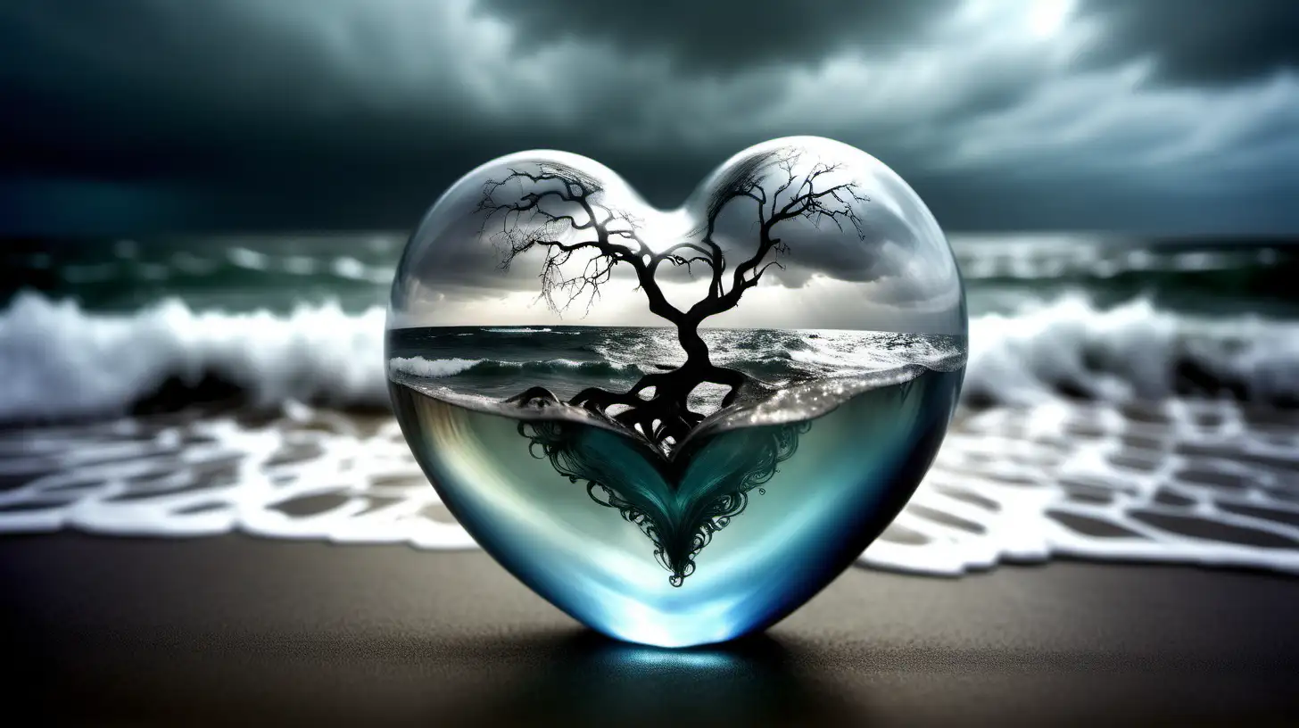 lovely double exposure image by blending together a stormy sea and a glass heart. The sea should serve as the underlying backdrop, with its details subtly incorporated into the glossy glass heart, sharp focus, double exposure, glossy glass heart, (translucent glass figure of a heart) (sea inside) lifeless, dead, glass apple, earthy colors, decadence, intricate design, hyper realistic, high definition, extremely detailed, dark softbox image, raytracing, cinematic, HDR, photorealistic (double exposure:1.1)

