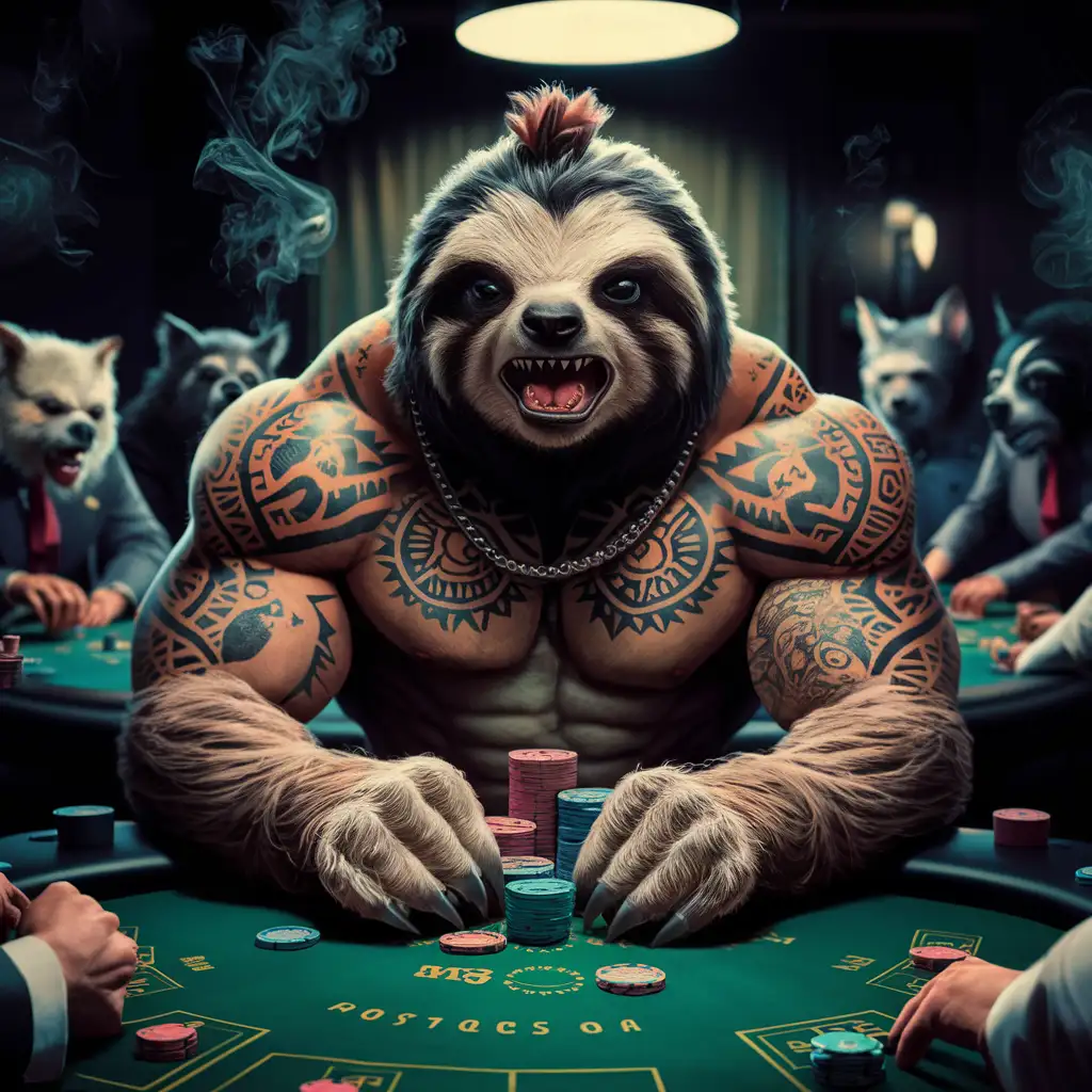 Muscular-Angry-Sloth-Playing-Poker-in-Tattoo-Style
