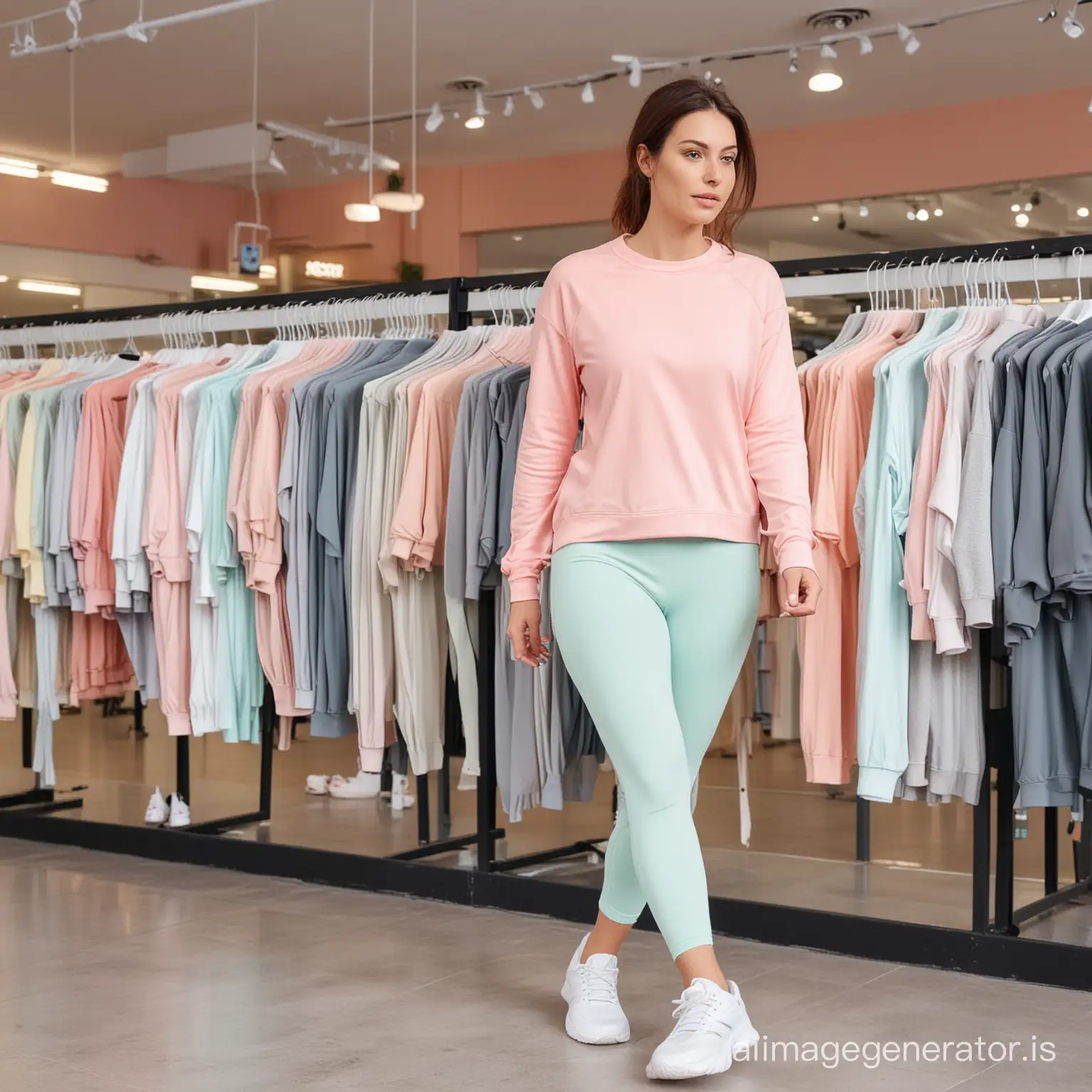 Thirty years old auburn female in pastel color sportswear walking in a sport store leggings hanging everywhere