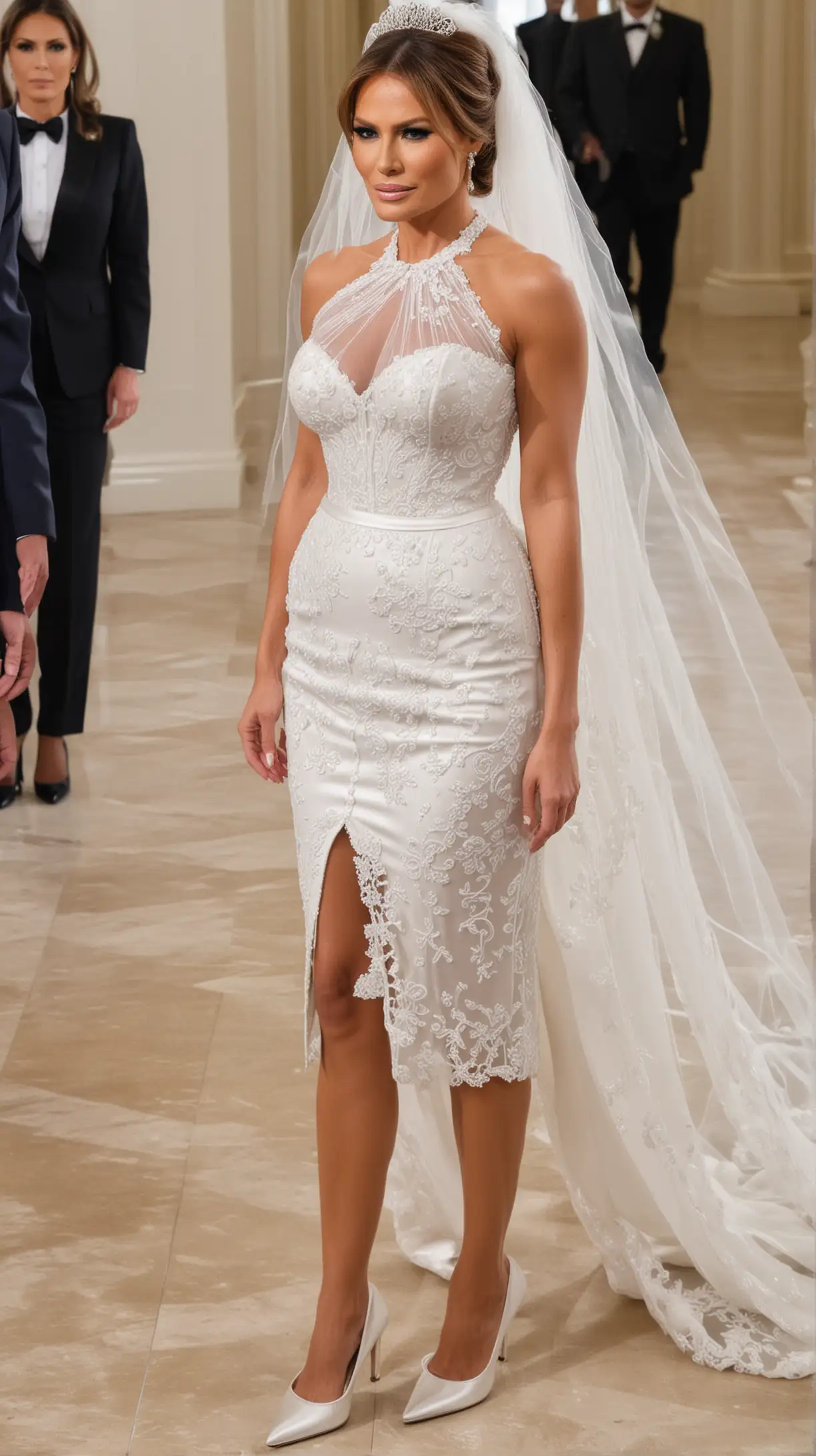 Melania Trump Bride in Elegant High Heels with Striking Gaze