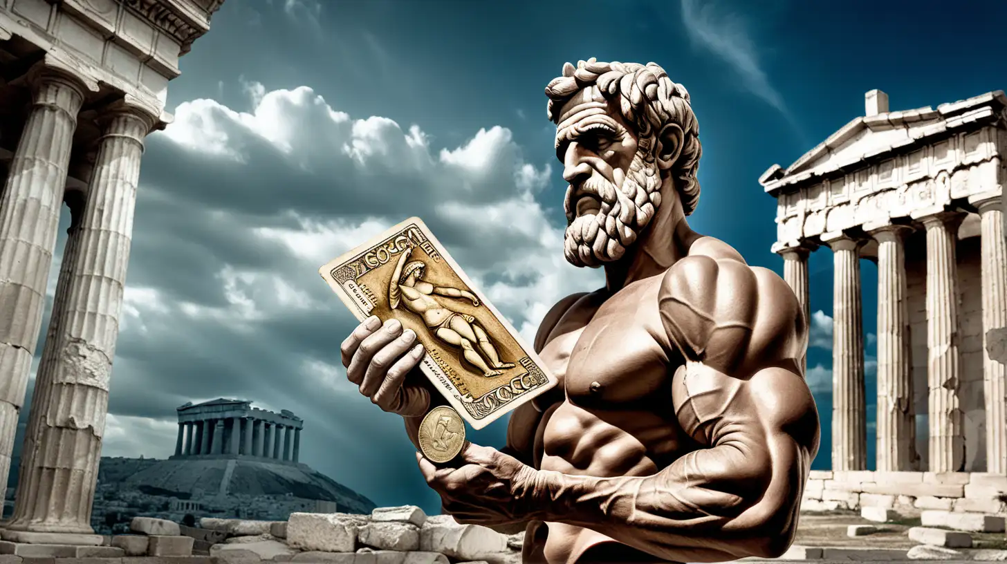 "Create an evocative image featuring an old, muscular man , holding an ancient Greek currency. The backdrop should include damaged ancient historic buildings against a darken blue cloudy sky. Capture the essence of time, strength, and historical decay in this thought-provoking scene." Currency also.