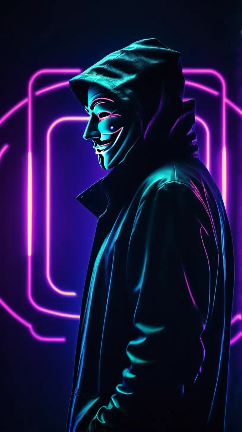 Anonymous man, futuristic dark neon cyberpunk background