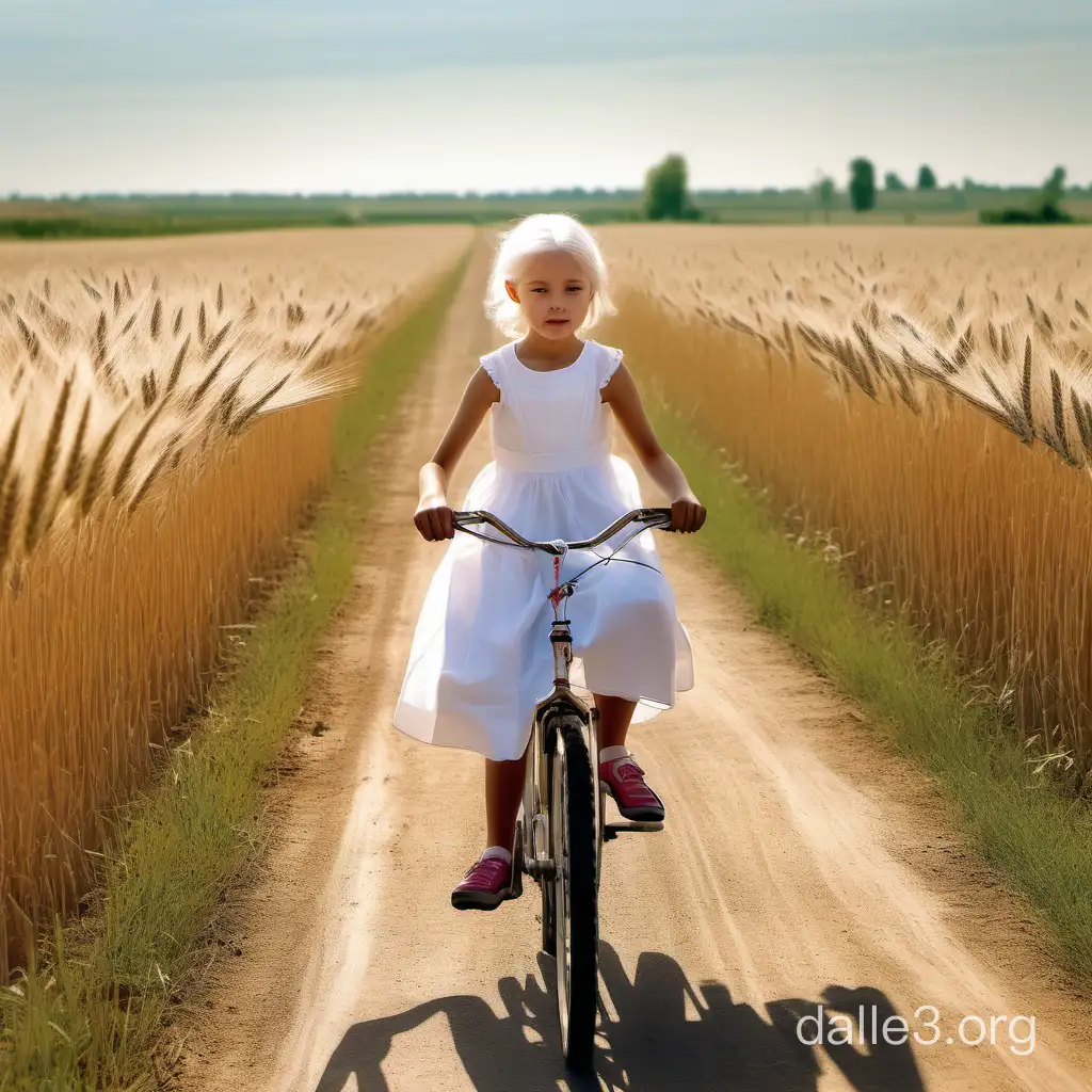 Солнечный день. Десятилетняя девочка с белыми волосами и белыми бантами в белом платье едет на велосипеле по грунтовой дороге. С обеих сторон от дороги поле со зрелой пшеницей.
