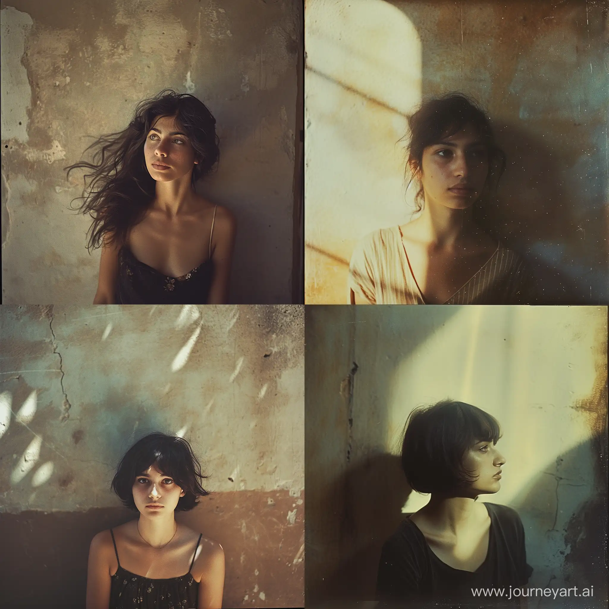 Full body height portrait of a Sicilian woman, in front of a brownish wall; melancholic eyes, calm expression; eye contact; light rays fall on her hair, summer daylight. Shot with Holga photography::2 ; in the style of Helene Schjerfbeck::1
