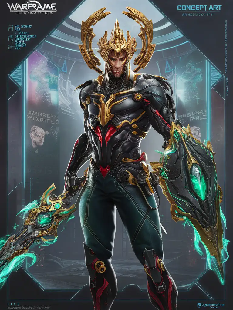 Golden Mechanical Halo Cyberpunk Warrior Knight with Biomechanical Armor and Emerald Sword