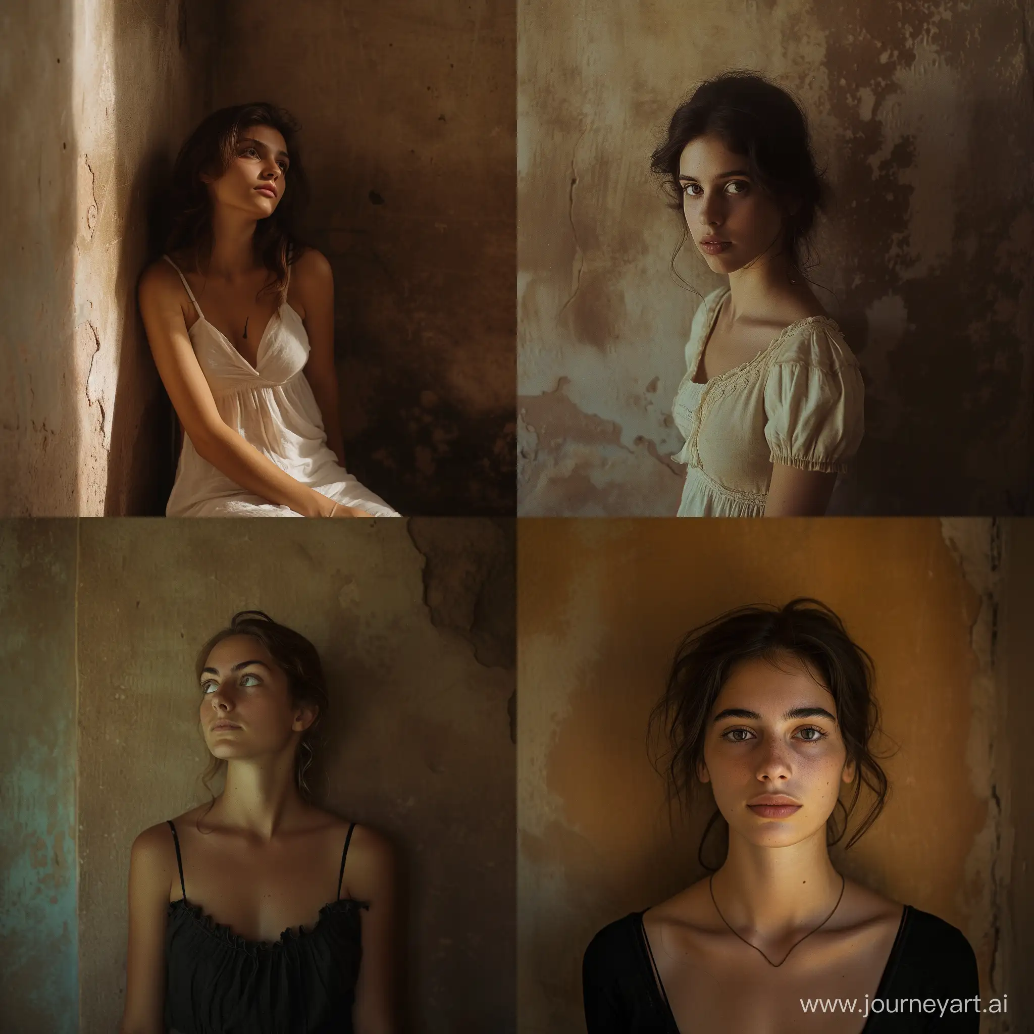 Full body height photo of a Sicilian woman, in front of a brownish flat wall, melancholic eyes, ethereal expression, eye contact, eye contact, cinematic lighting, summer daylight, shot with CineStill 50::2 , in the style of Helene Schjerfbeck::1