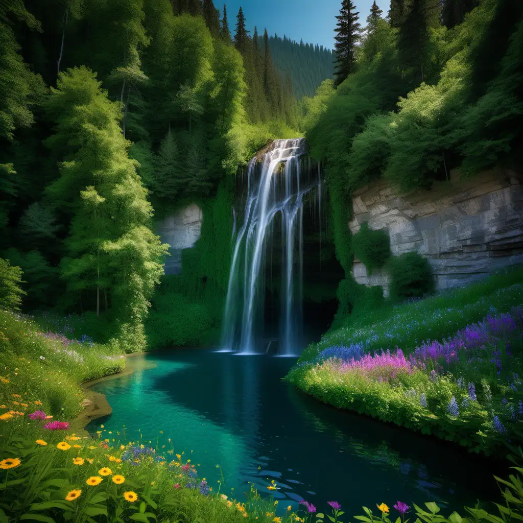 Lush Green Waterfall Landscape Vibrant Wildflowers and CrystalClear Pool