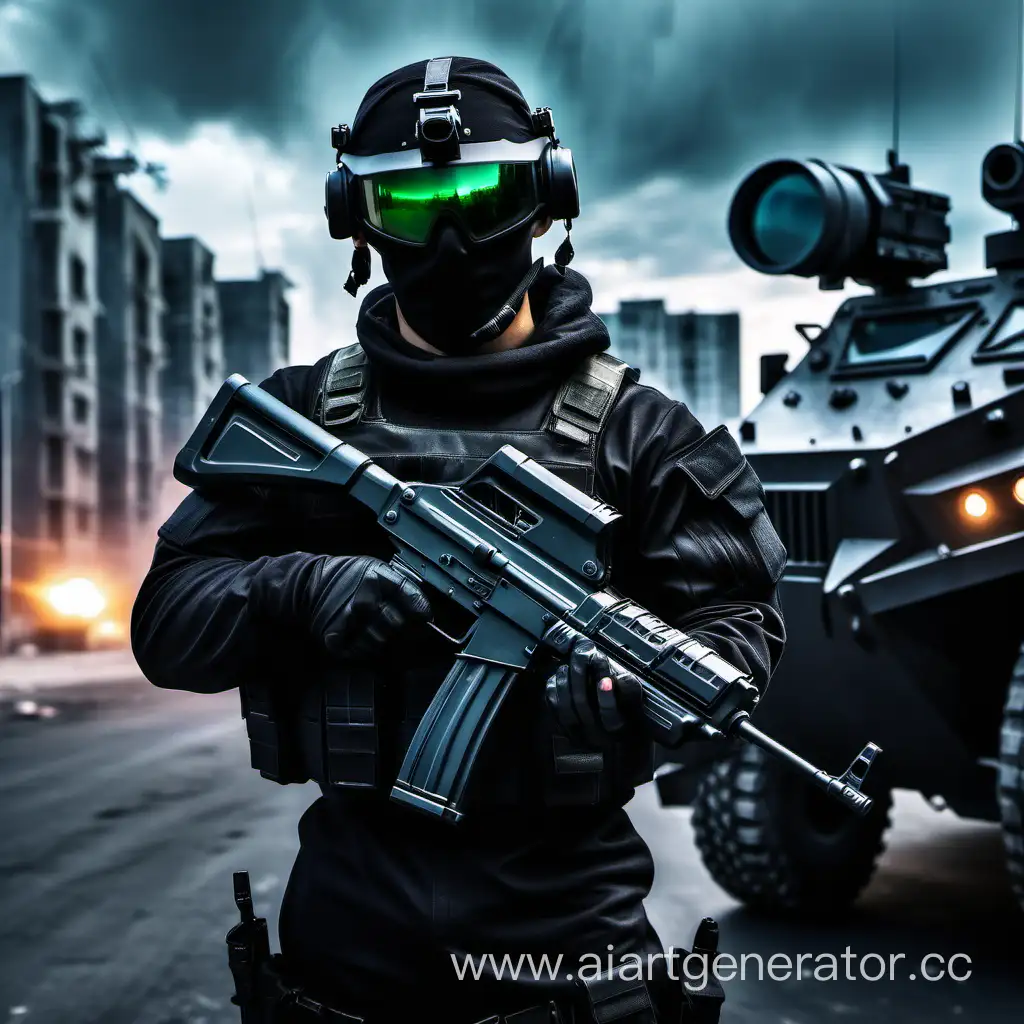 Русский солдат будуйщего, держит АК-12 в руках, чёрная одежда, очки ночного видения на 
шлеме, броня будуйщего, на фоне чёрная бронемашина