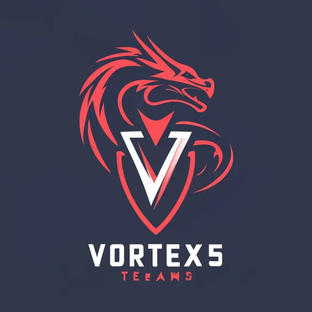 Create an esport logo for a team named Vortex5. Design the logo as a V5 and place the full team name below it. Use blood red and obsidian black color scheme. Write "VORTEX5" beneath the actual logo in a clear, minimalistic font. Add the spelled-out version of "VORTEX5" above the logo's icon., with the text "VORTEX5", typography, be used in Internet industry, add a dragon, Make V5 more visible, make logo more minimalistic and modern, make it look more dominant, league of legends, MAKE VORTEX5 POP OUT OF THE LOGO MORE, make it seem omnipotent, and ferocious, LCK