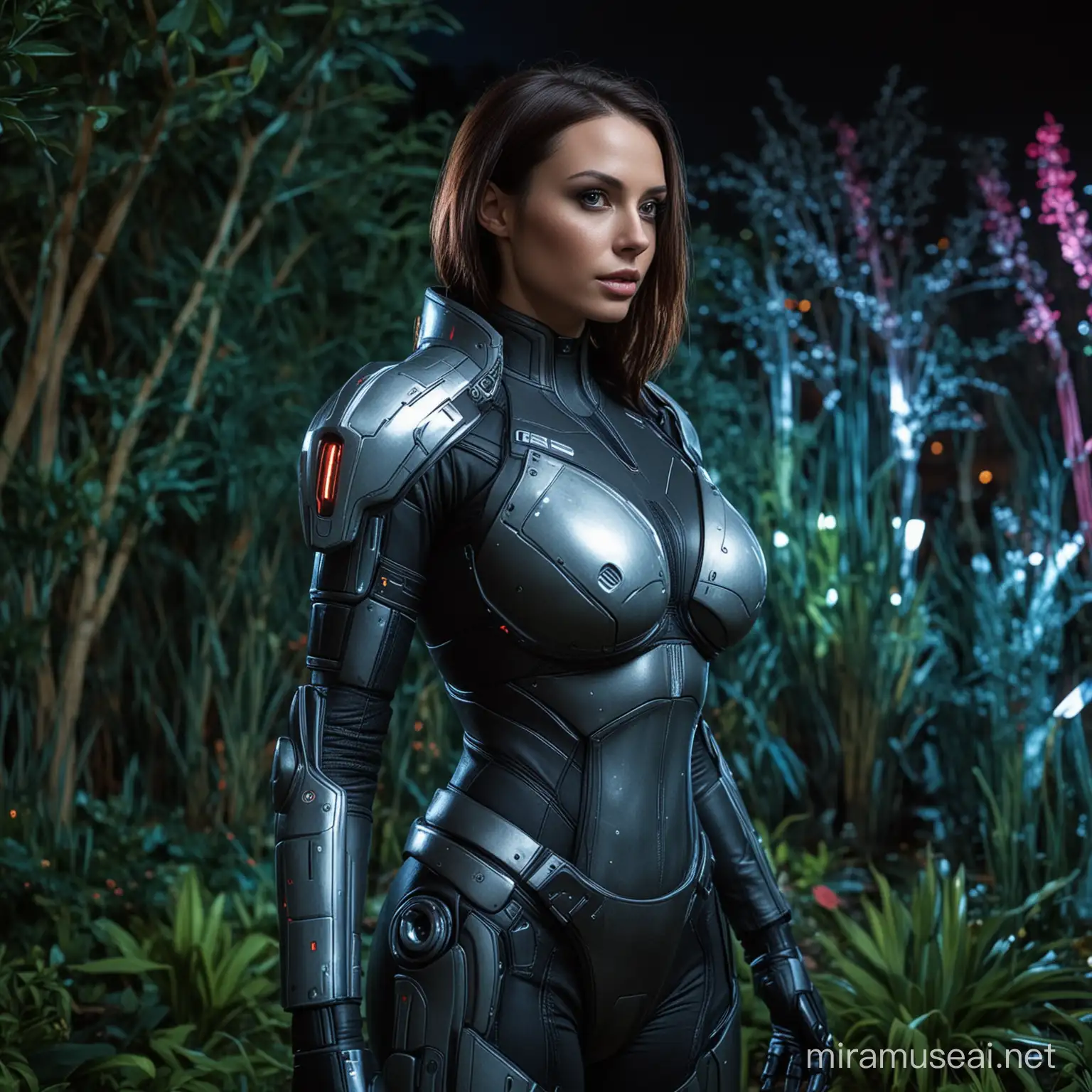 Beautiful brunette model, with very big fake breasts, in futuristic garden, wearing Mass Effect armor, perfect face, full body view, night time
