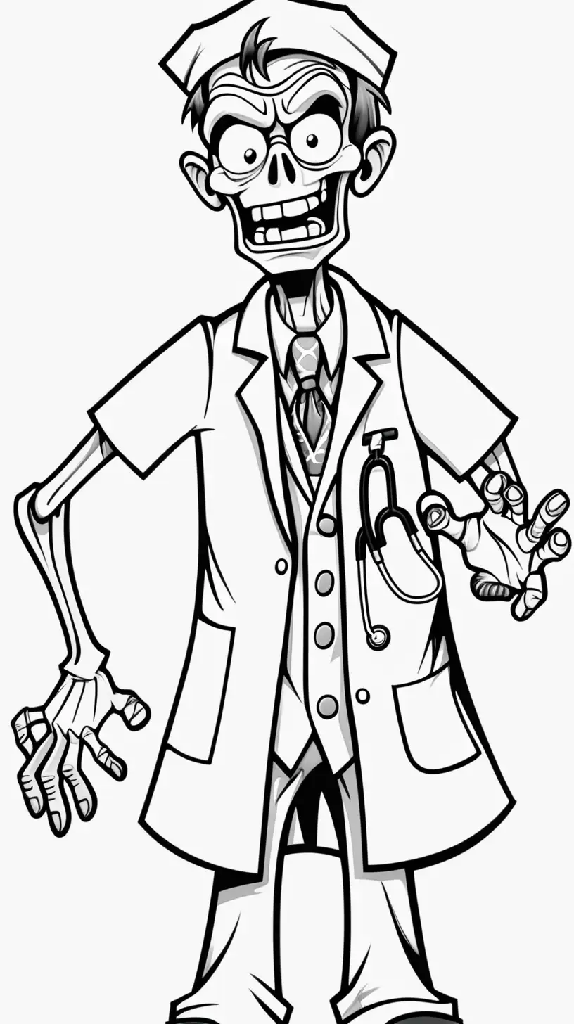 happy zombie character as a goofy doctor, thick clean black lines only, coloring book image, doctor office background