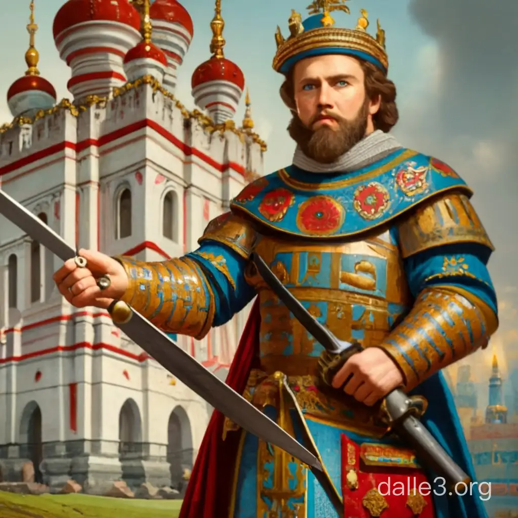 12th Century Russian Prince Wielding Sword and Model Building | Dalle3 AI