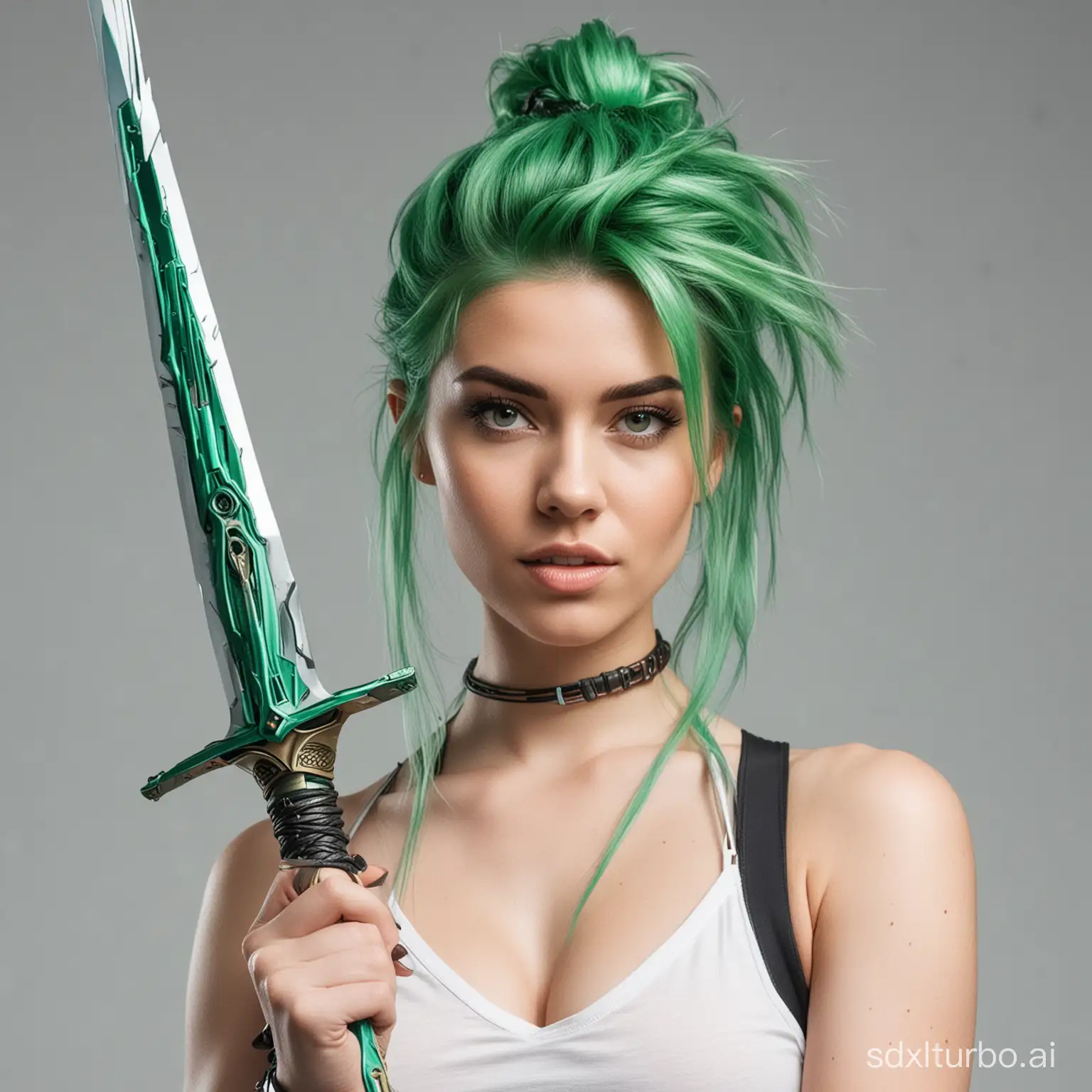 woman with green hair tied up with a futuristic sword