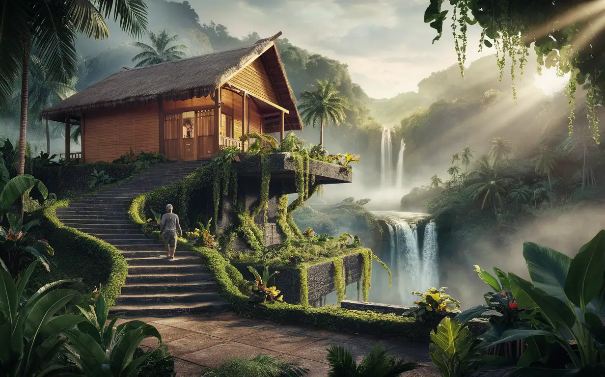 A hyper-realistic image of a traditional wooden house with a brown facade and thatched roof on the edge of a terrace, surrounded by lush greenery with palm trees and tropical plants, a waterfall cascading down amidst a thick tropical forest in the background, and a stone stairway carved into the hillside winding through the terraces, a man walking on the stairway, UHD Image, cinematic view, misty morning scene with dewdrops on the leaves and a hint of sunlight breaking through the mist and a soft glow around the house
