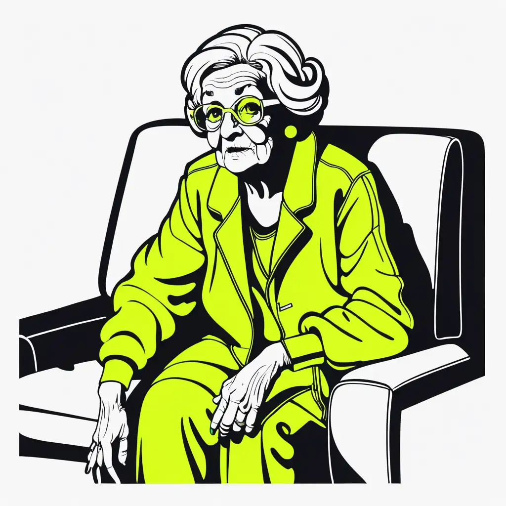 black and white illustration of a old woman wearing neon clothes sitting on the couch on a white background