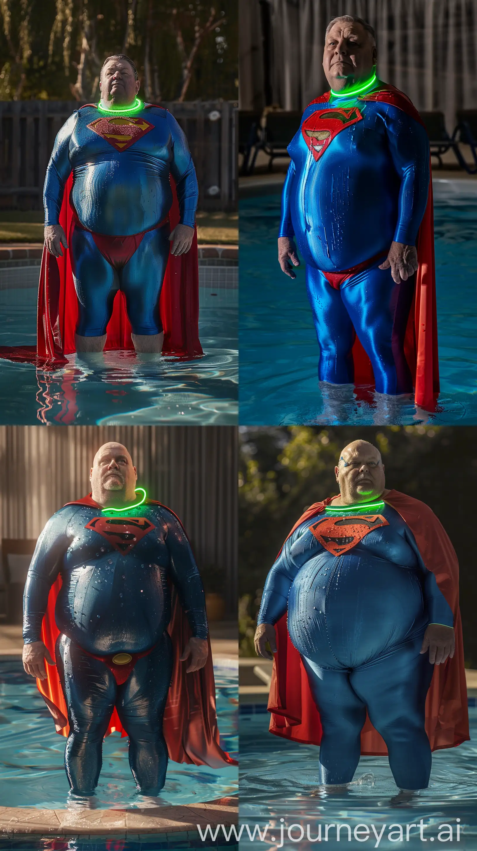 Full body photo of a fat man aged 60 wearing a very wet tight silk blue superman complete costume with a red cape and tight green glowing neon dog collar on the neck. Swimming Pool. Natural light --style raw --ar 9:16