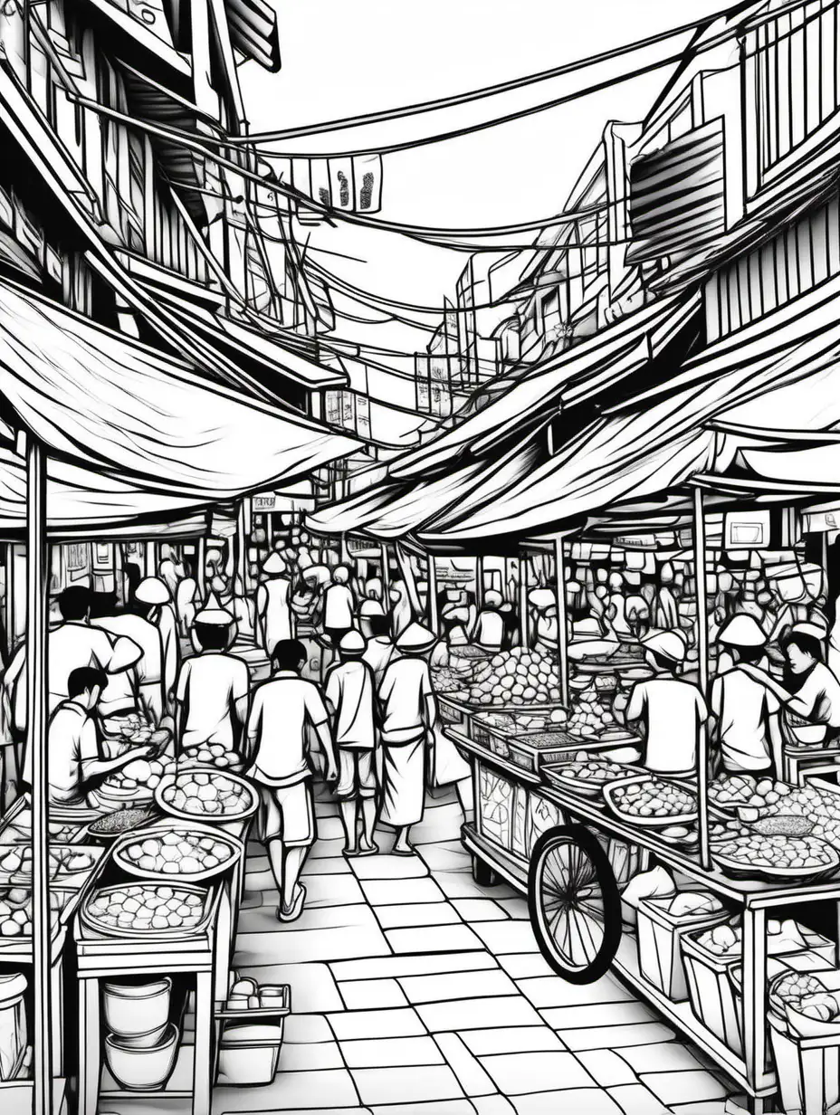 Create a black and white coloring page without shade and without grayscale of a bustling thai street market with various food stalls