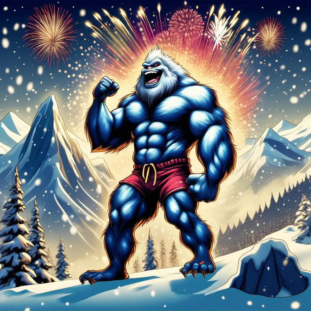 a large muscular yeti with a smile on his face celebrating New Year's Eve on the side of a snowy mountain with fireworks bursting behind him pumping one fist in the air