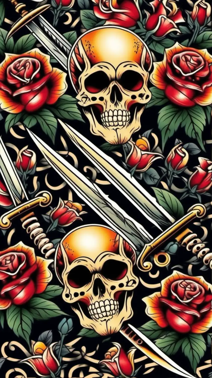 Colorful Seamless Tattoo Design with Roses Skulls and Dagger