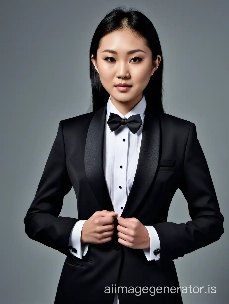 Asian woman wearing a tuxedo. Her jacket is open. She has cufflinks.