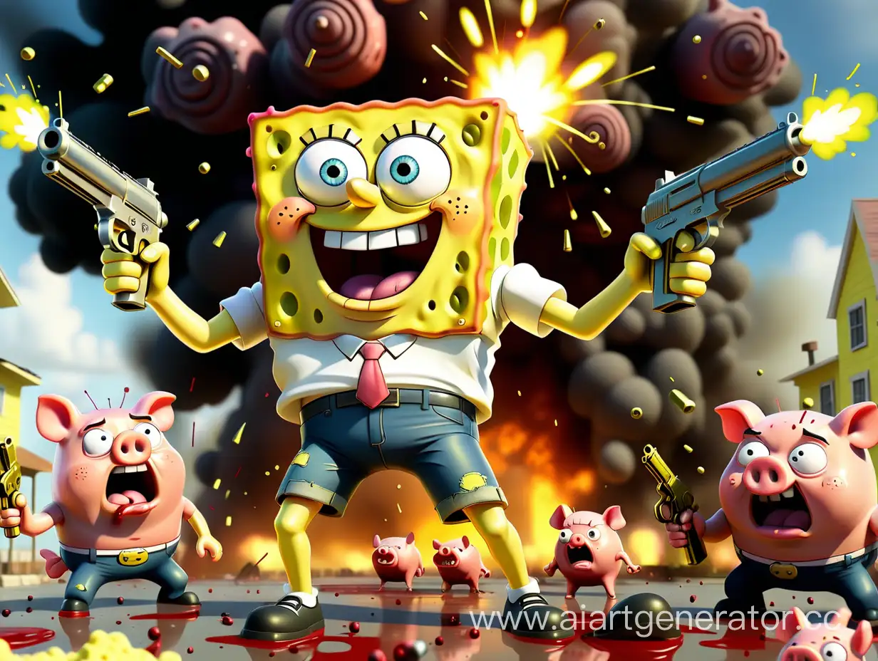 Spongebob with a T-shirt that says "SVO", with a huge dick in his pants, holding a bunch of golden guns, shoots at pigs and they die in blood, and spongebob laughs. All this is happening against the background of explosions and rockets. pigs cry and die. 4k Full HD most realistic