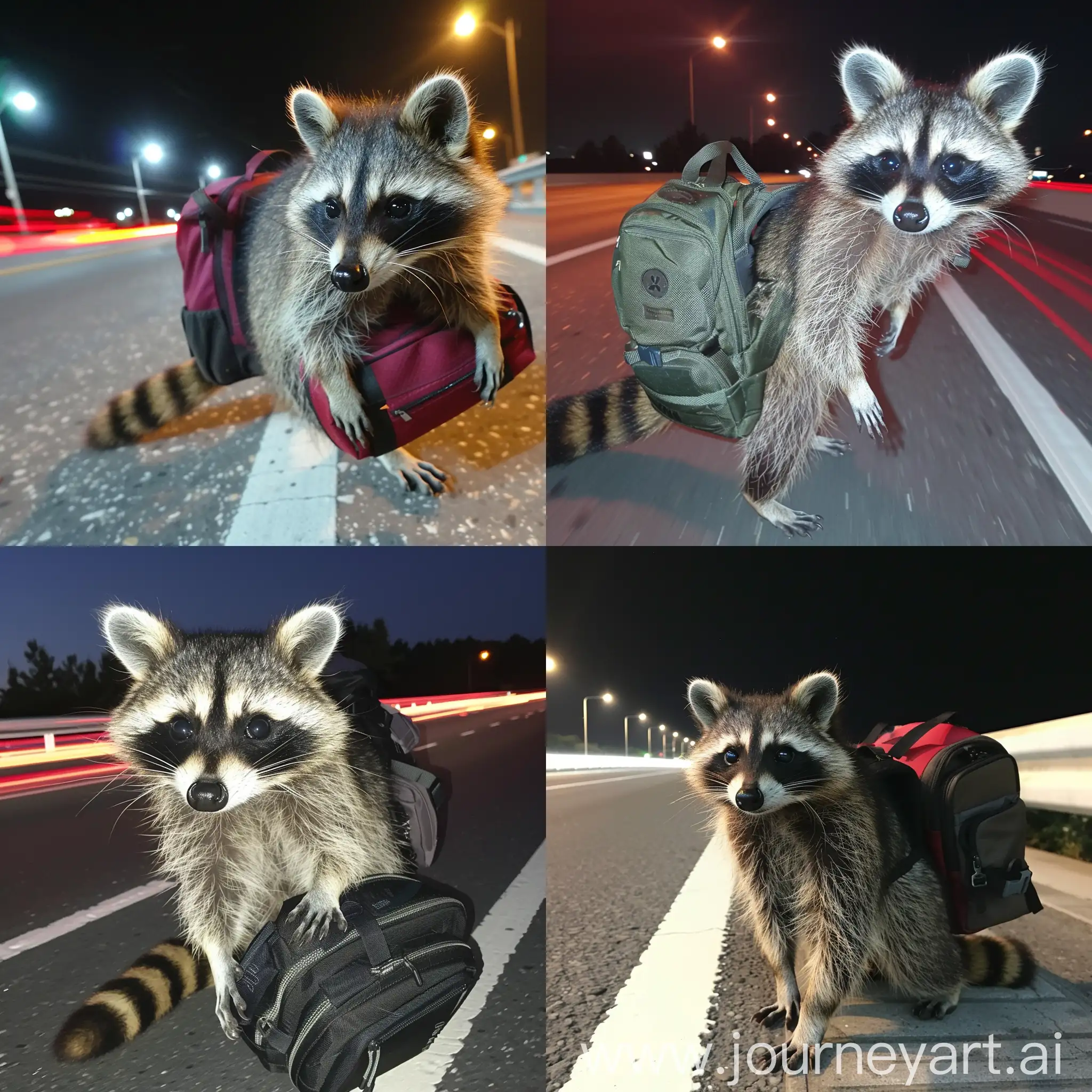 Waschbär mit Rucksack nachts auf der Autobahn