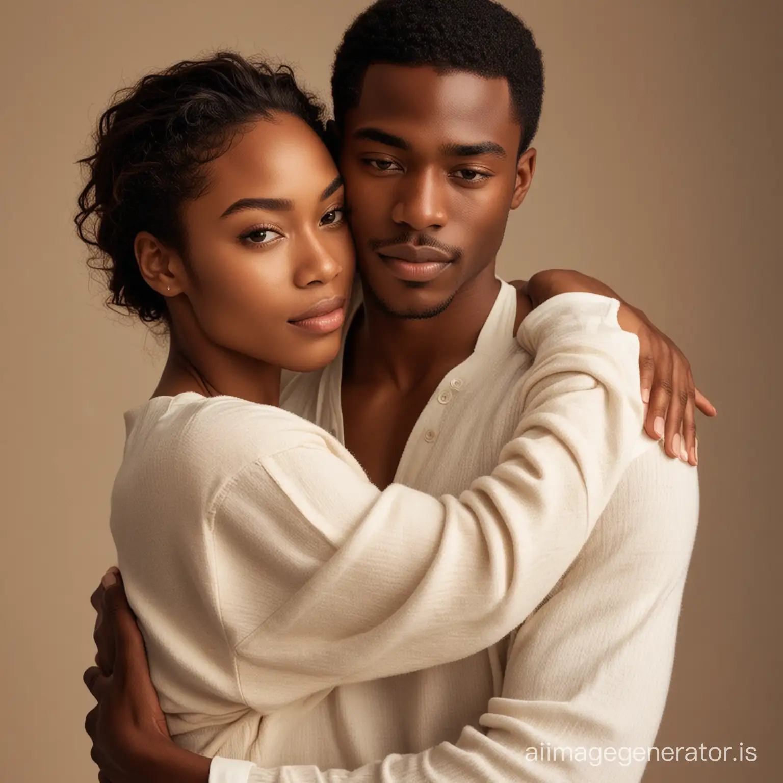 An African American female model hugging an African American male model, wearing intimate clothing