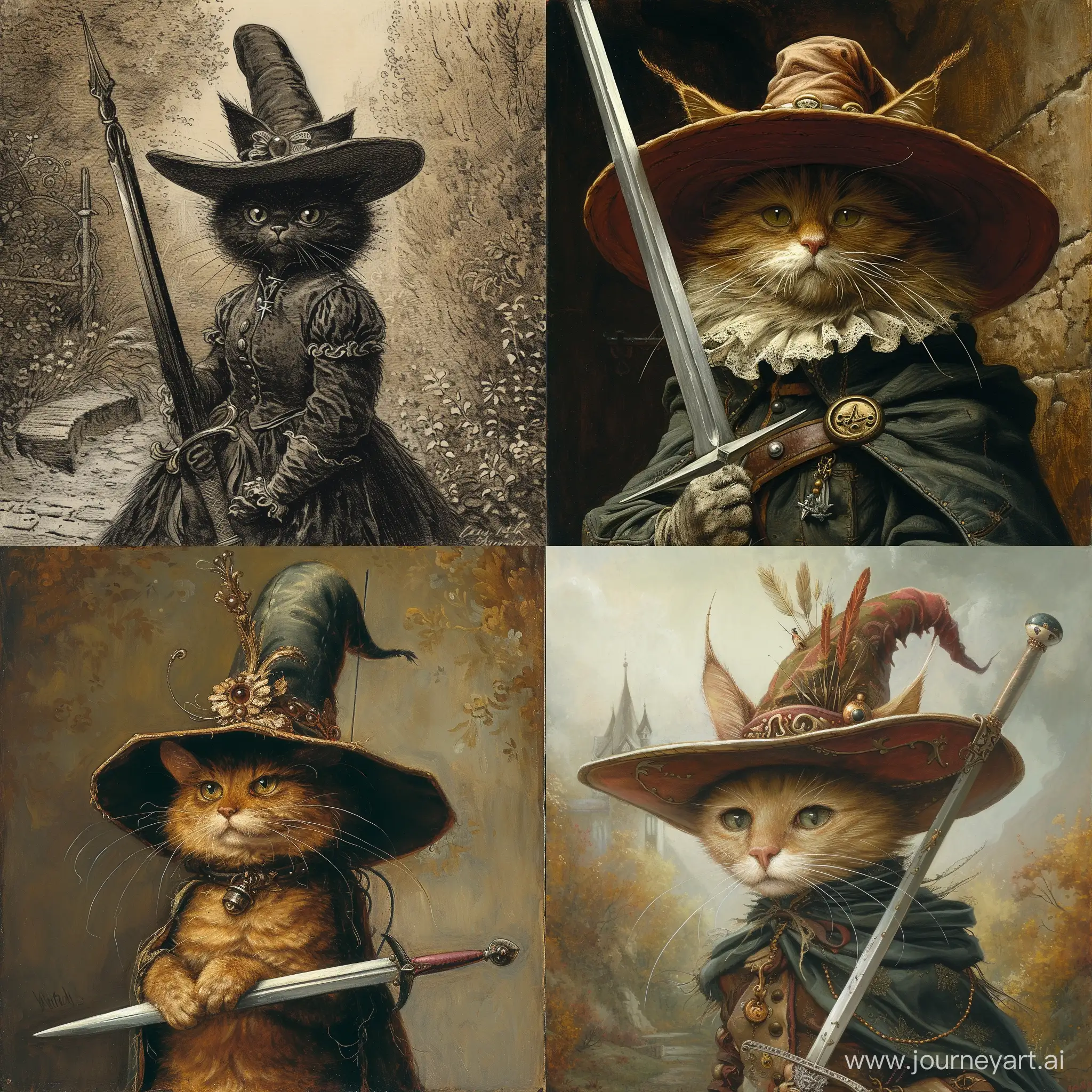 Puss in boots from a fairy tale by Charles Perot, in a hat with a sword
