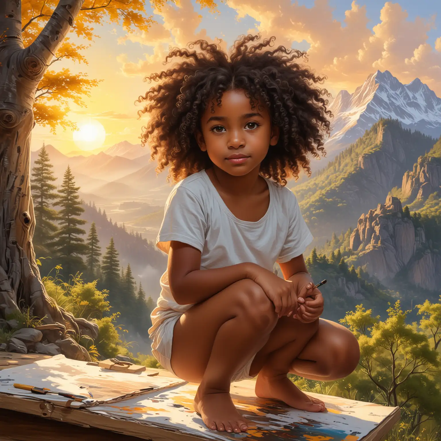 paint  a little black girl with lots of curly natural hair squatting close up in the painting and a beautiful scenic background including trees, mountains and the sun