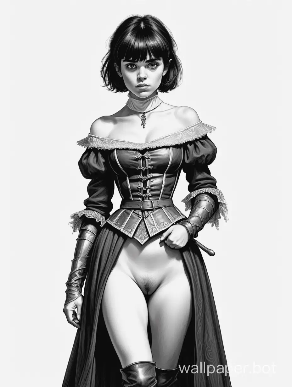 A young girl, resembling Anna Rousson. Short dark hair with bangs. Fashionable medieval revealing clothing. Bandit-thief. Black and white sketch, white background, full-length, nude-Victorian style.