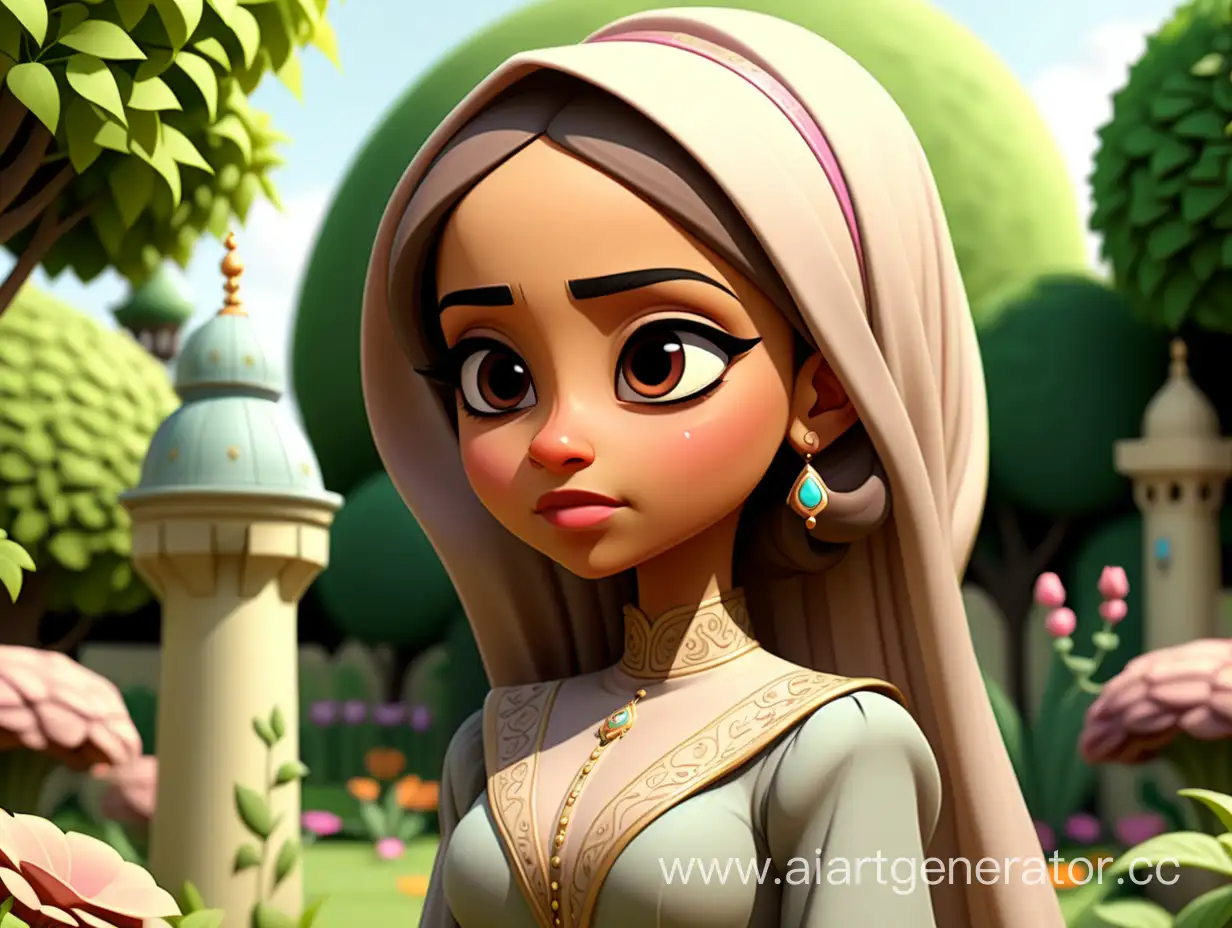 cartoon style, 8k, Muslim princess back facing the camera standing in the garden