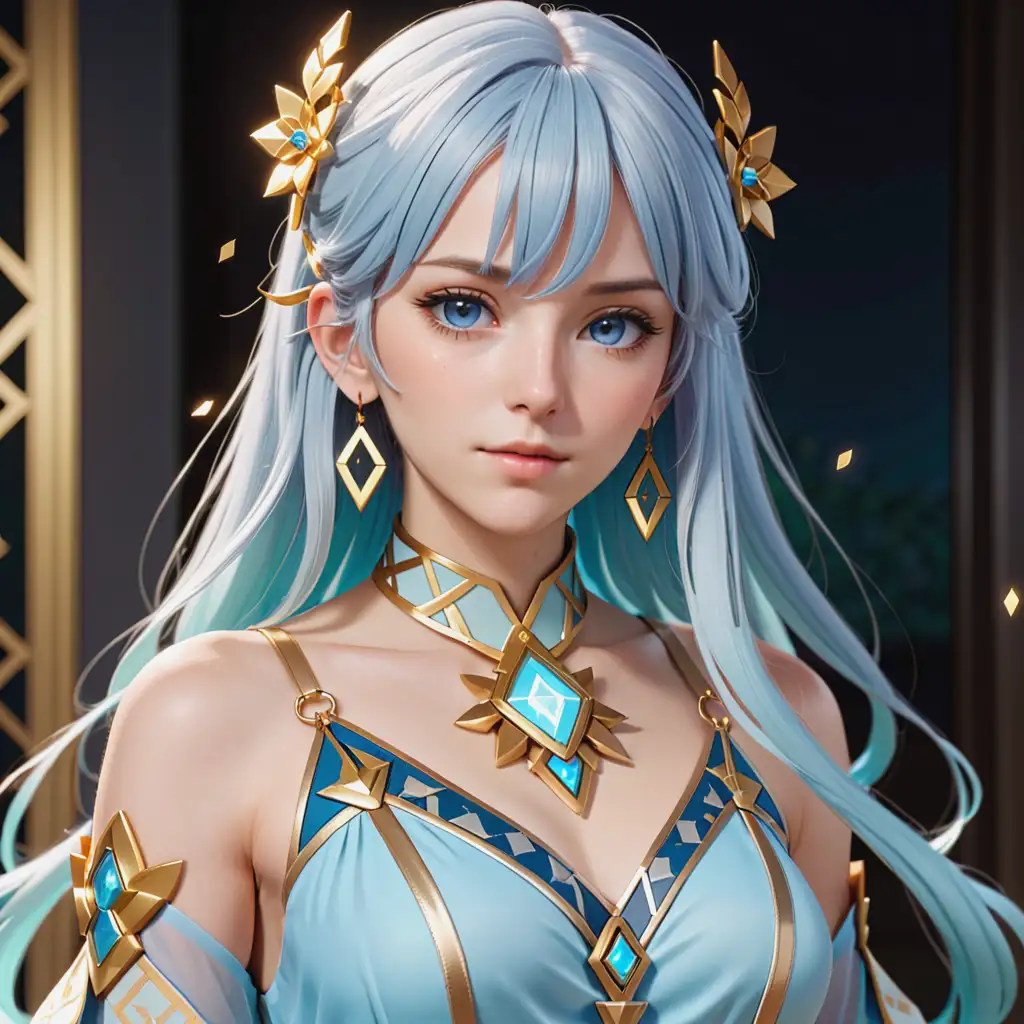 Faruzan from Genshin Impact as a 35-year-old woman, long pale blue hair with gold geometric clips, bangs, pale blue eyes, pale blue-gray dress with floral and geometric appliques accurate to in-game appearance, multiple square-shaped bangle bracelets, holding a small pyramidal glowing device and looking at the viewer