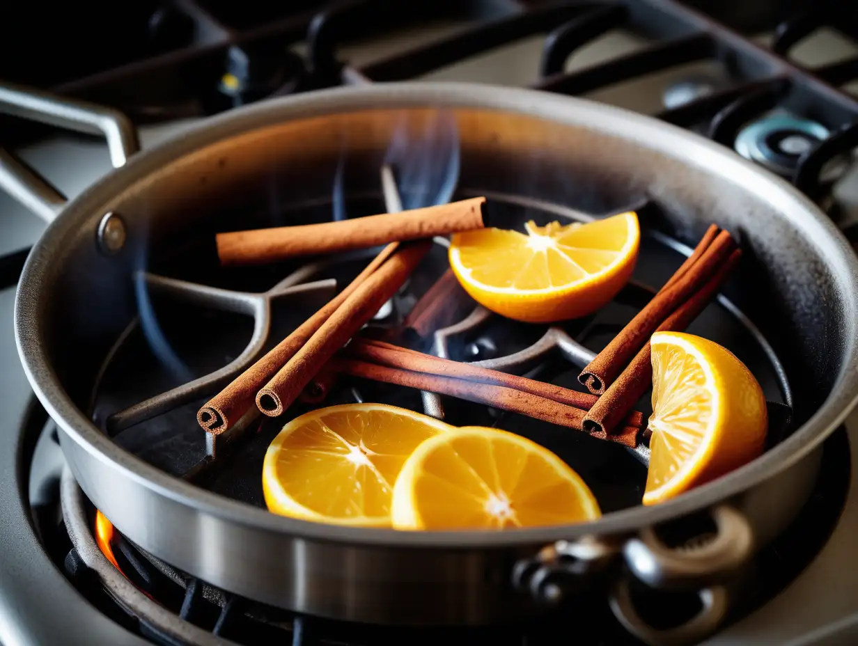 Simmering a pot of water with cinnamon sticks, citrus peels, and cloves on an old school gas stove. close up angle, moody, neutral and ambient lighting, DSLR photography style