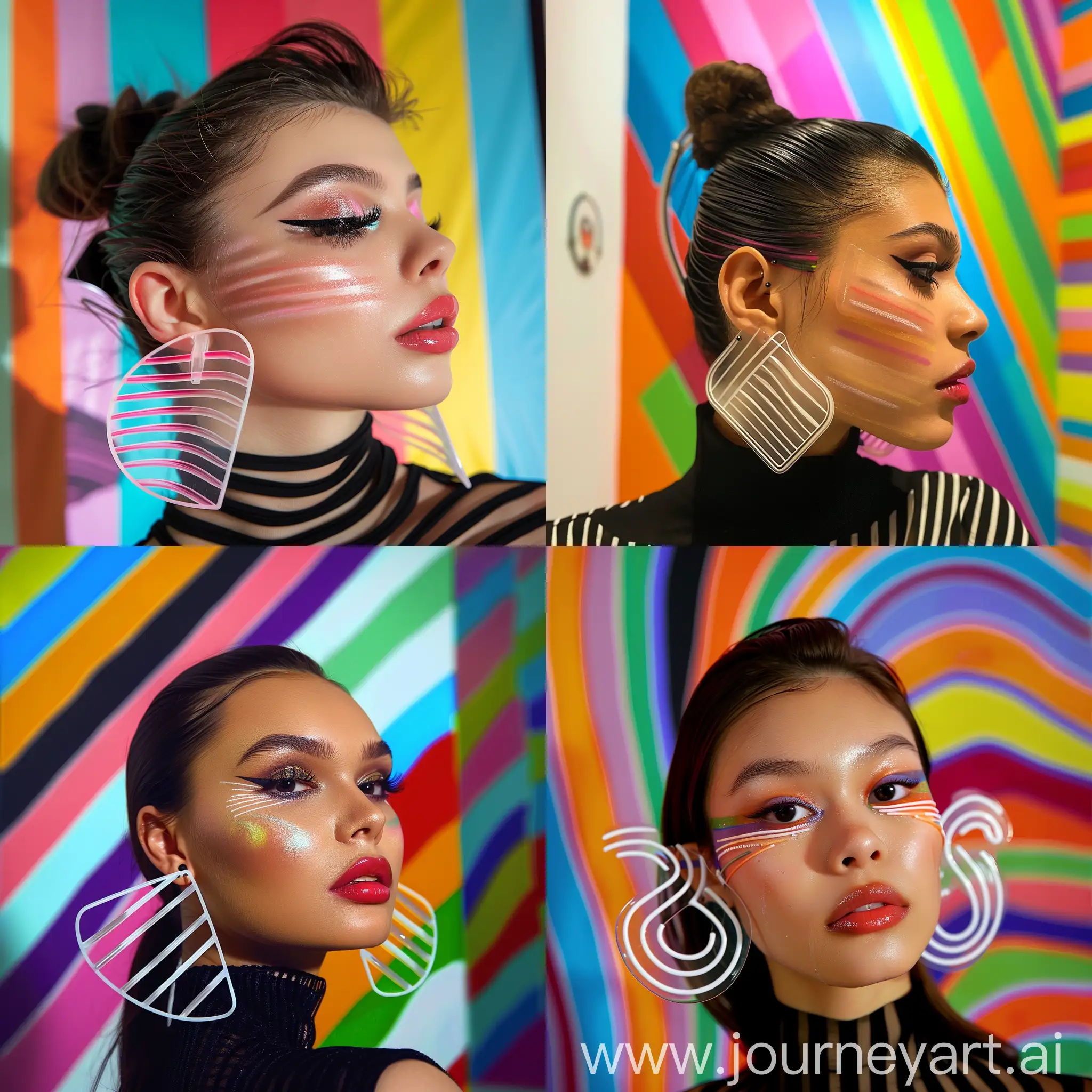 Girl-with-Smokey-Eye-Makeup-and-Plastic-Line-Earrings-in-Front-of-Colorful-Striped-Mural